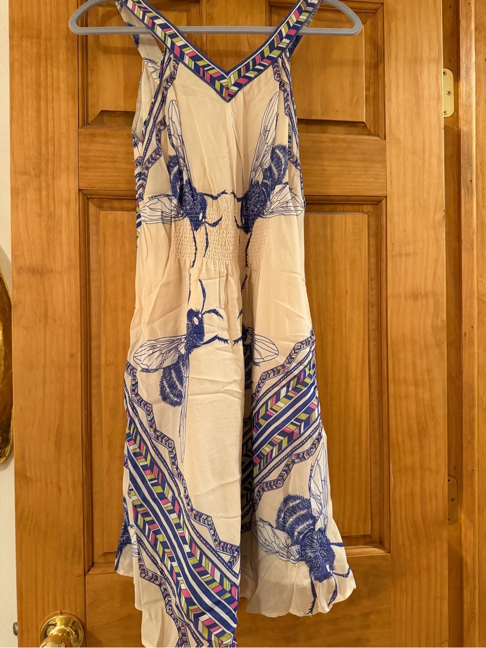 Sleeveless Cream & Blue Bee Print Dress